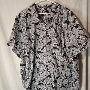 (M) Roaman's 100% Cotton Short Sleeve Button Down 38W Black Paisley Print